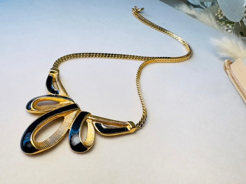 Gold Herringbone Chain Necklace with Black Enamel Ribbon Pendant, Vintage Trifari Necklace