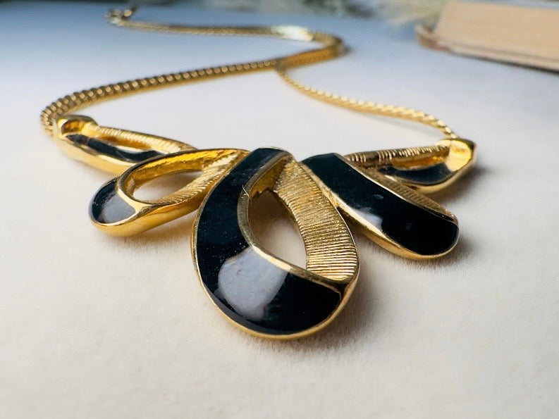 Gold Herringbone Chain Necklace with Black Enamel Ribbon Pendant, Vintage Trifari Necklace