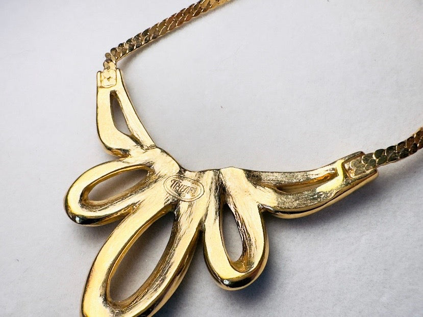 Gold Herringbone Chain Necklace with Black Enamel Ribbon Pendant, Vintage Trifari Necklace