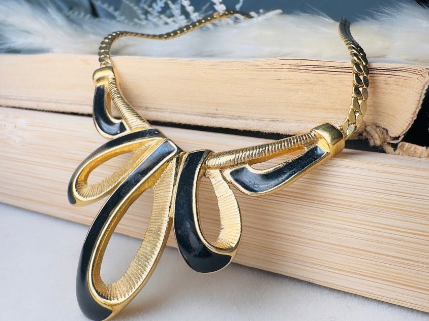 Gold Herringbone Chain Necklace with Black Enamel Ribbon Pendant, Vintage Trifari Necklace