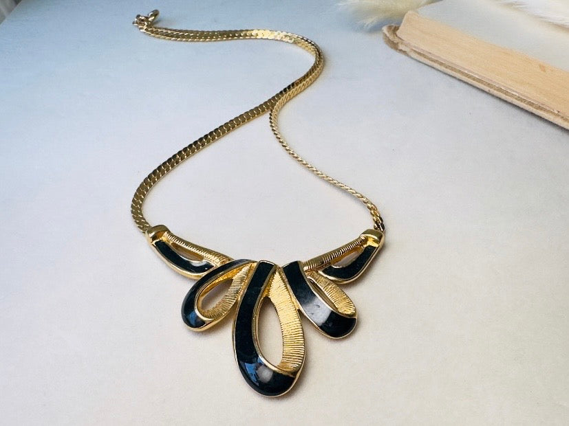 Gold Herringbone Chain Necklace with Black Enamel Ribbon Pendant, Vintage Trifari Necklace