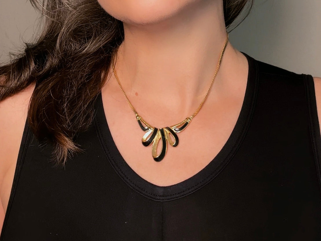 Gold Herringbone Chain Necklace with Black Enamel Ribbon Pendant, Vintage Trifari Necklace