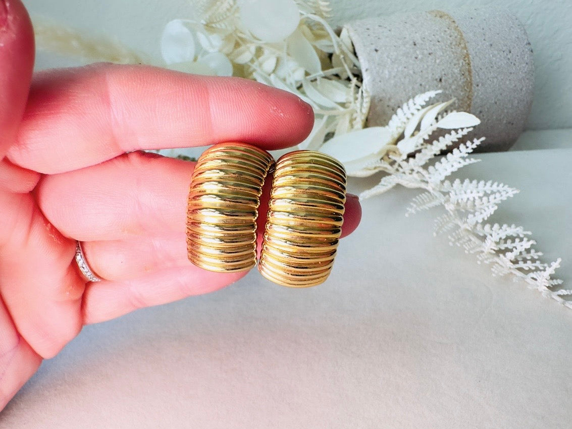 Gold Huggie Hoop Earrings, 1980s Vintage Textured Bold Half Hoop Clip On Earrings