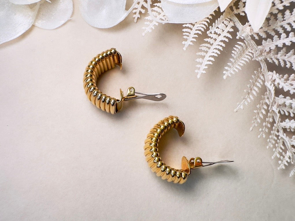 Gold Huggie Hoop Earrings, 1980s Vintage Textured Bold Half Hoop Clip On Earrings