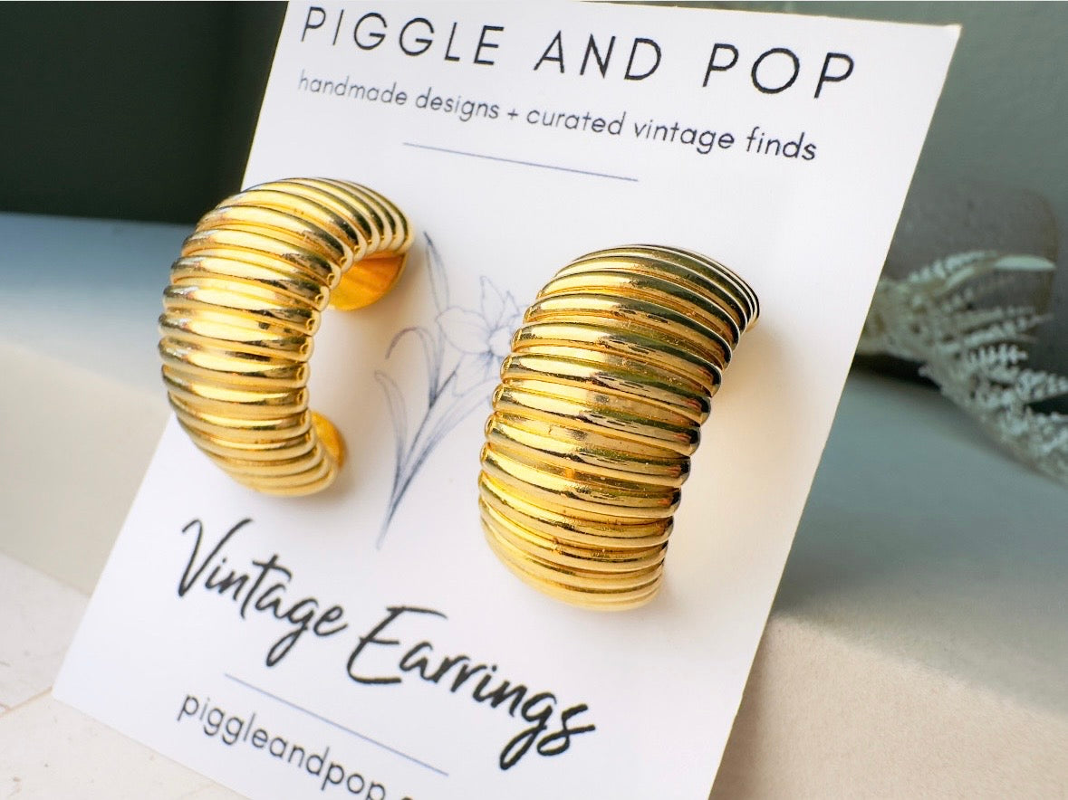 Gold Huggie Hoop Earrings, 1980s Vintage Textured Bold Half Hoop Clip On Earrings