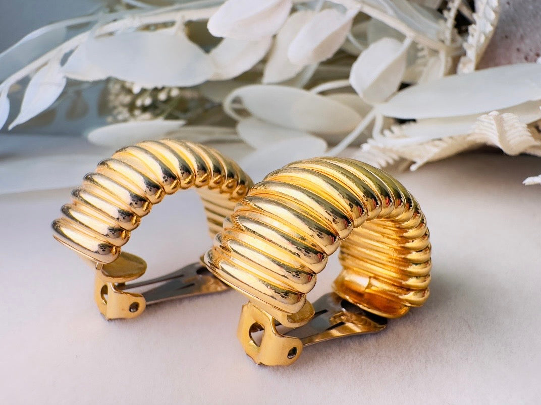 Gold Huggie Hoop Earrings, 1980s Vintage Textured Bold Half Hoop Clip On Earrings