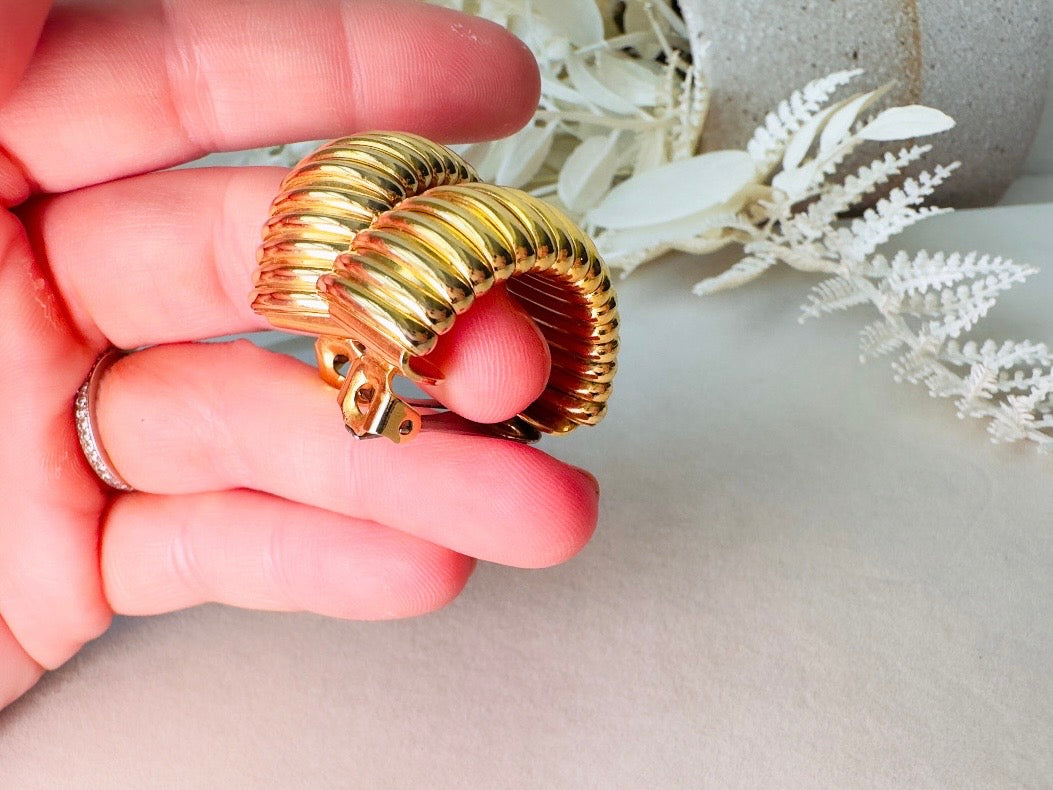 Gold Huggie Hoop Earrings, 1980s Vintage Textured Bold Half Hoop Clip On Earrings