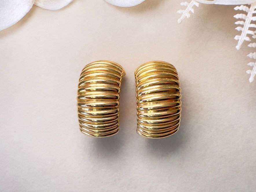 Gold Huggie Hoop Earrings, 1980s Vintage Textured Bold Half Hoop Clip On Earrings