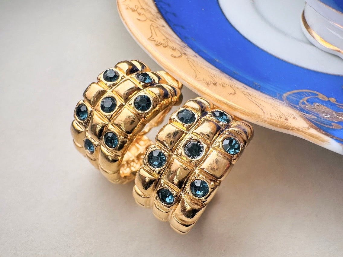 Gold Huggie Hoop Earrings with Blue Rhinestones, 1980s Vintage Checkerboard Textured Half Hoop Earrings