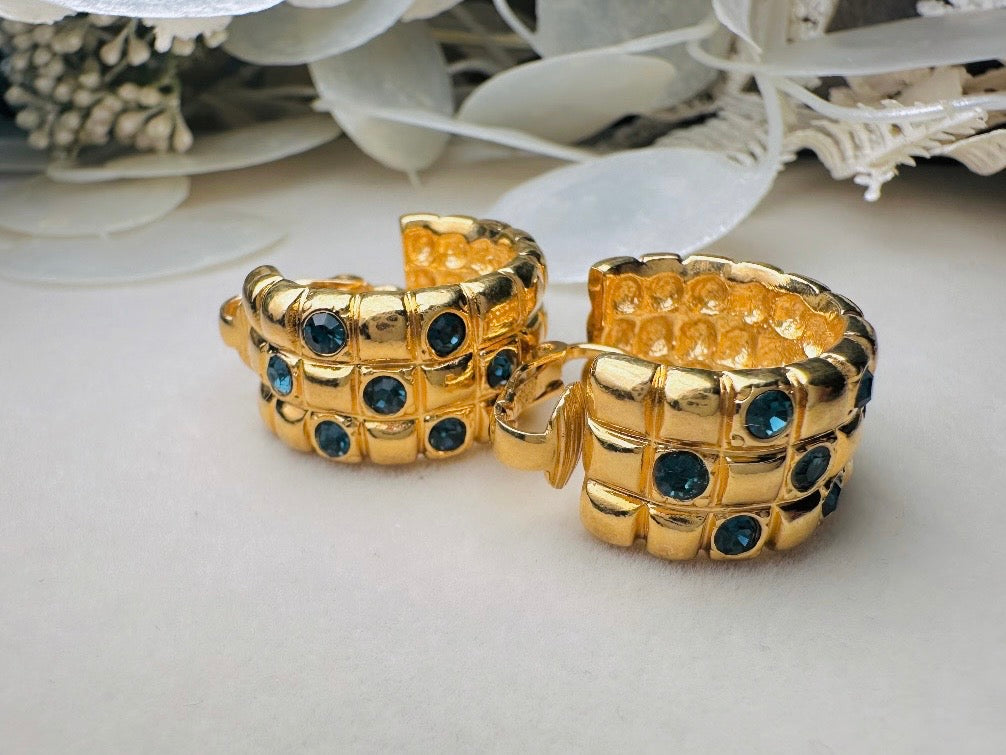 Gold Huggie Hoop Earrings with Blue Rhinestones, 1980s Vintage Checkerboard Textured Half Hoop Earrings