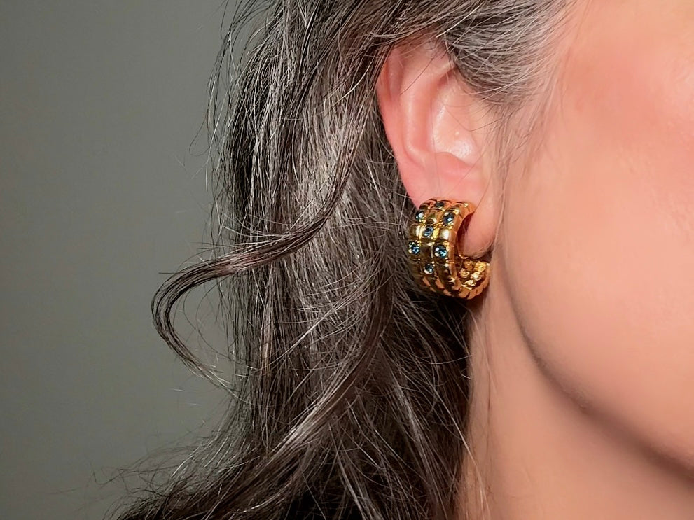 Gold Huggie Hoop Earrings with Blue Rhinestones, 1980s Vintage Checkerboard Textured Half Hoop Earrings