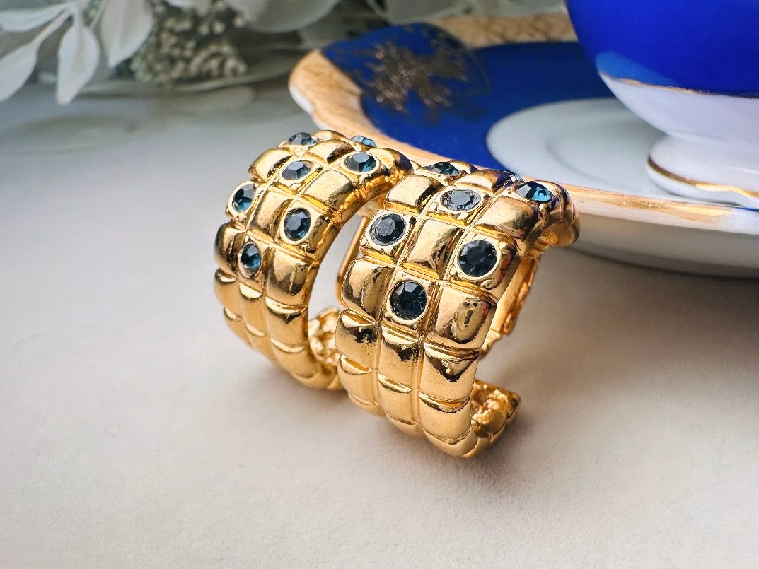 Gold Huggie Hoop Earrings with Blue Rhinestones, 1980s Vintage Checkerboard Textured Half Hoop Earrings