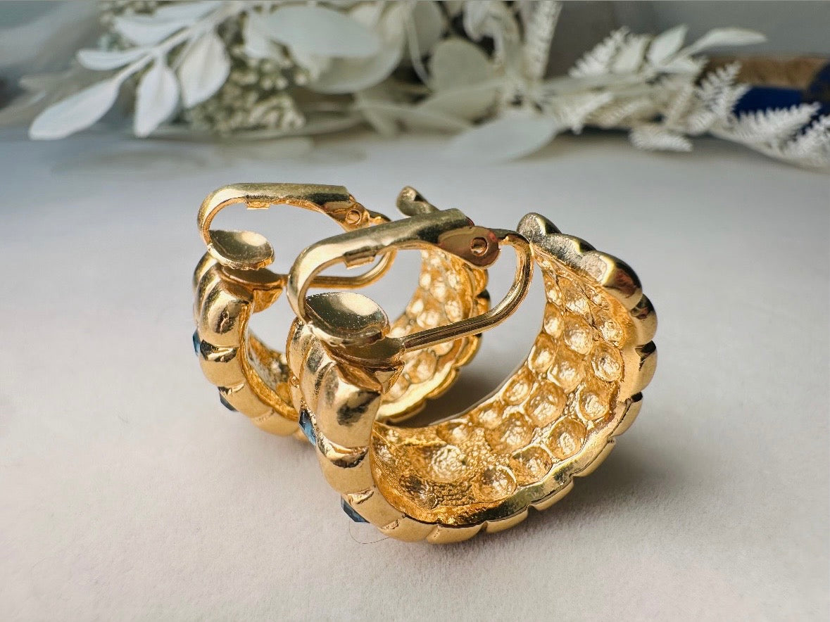 Gold Huggie Hoop Earrings with Blue Rhinestones, 1980s Vintage Checkerboard Textured Half Hoop Earrings