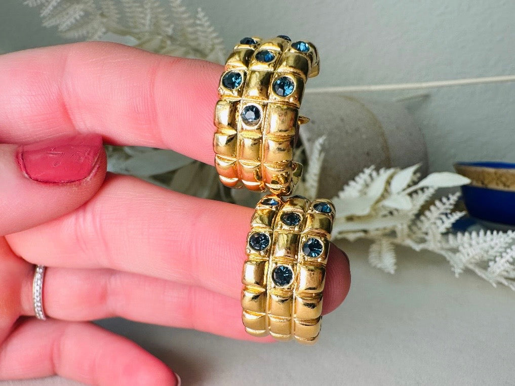 Gold Huggie Hoop Earrings with Blue Rhinestones, 1980s Vintage Checkerboard Textured Half Hoop Earrings