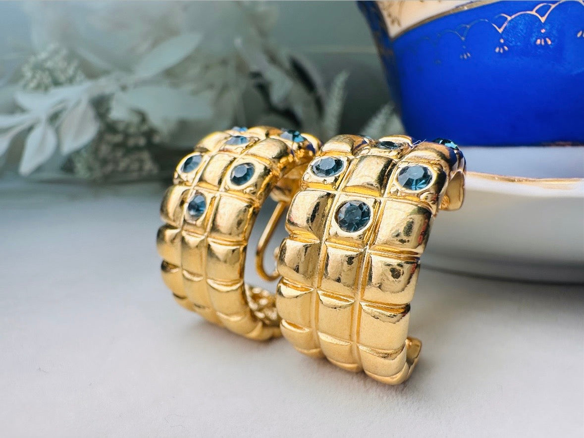 Gold Huggie Hoop Earrings with Blue Rhinestones, 1980s Vintage Checkerboard Textured Half Hoop Earrings