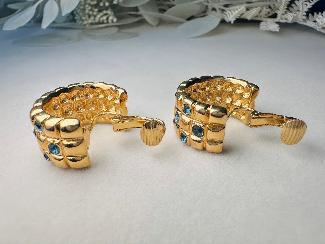 Gold Huggie Hoop Earrings with Blue Rhinestones, 1980s Vintage Checkerboard Textured Half Hoop Earrings