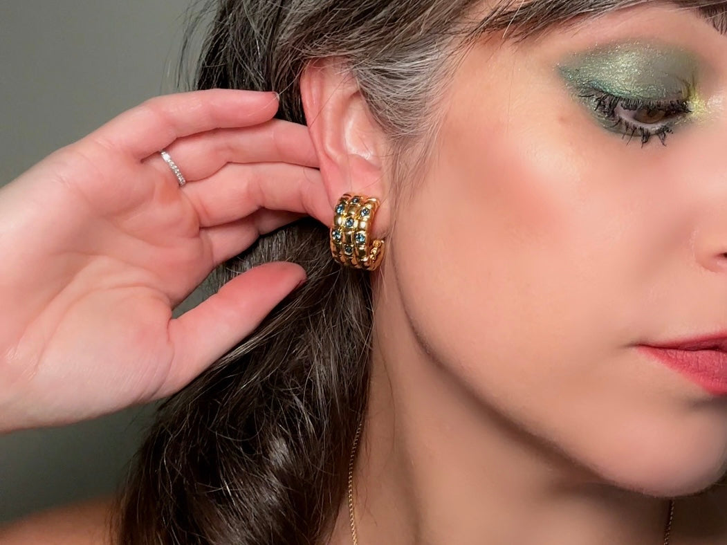 Gold Huggie Hoop Earrings with Blue Rhinestones, 1980s Vintage Checkerboard Textured Half Hoop Earrings