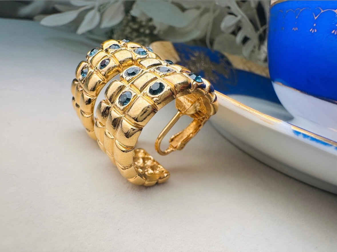 Gold Huggie Hoop Earrings with Blue Rhinestones, 1980s Vintage Checkerboard Textured Half Hoop Earrings