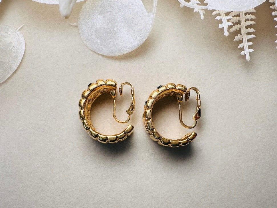 Gold Huggie Hoop Earrings with Blue Rhinestones, 1980s Vintage Checkerboard Textured Half Hoop Earrings