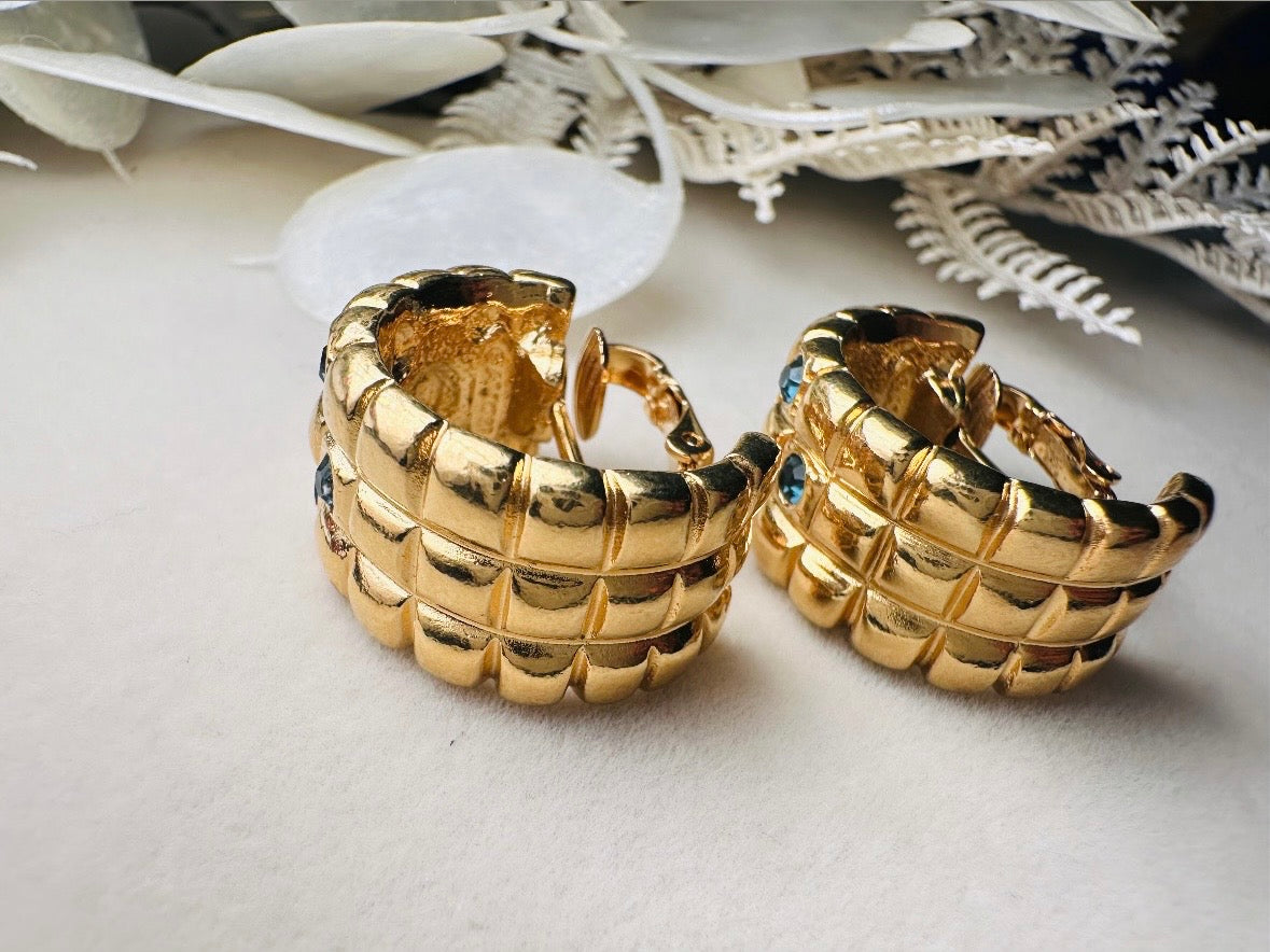 Gold Huggie Hoop Earrings with Blue Rhinestones, 1980s Vintage Textured Half Hoop Earrings 