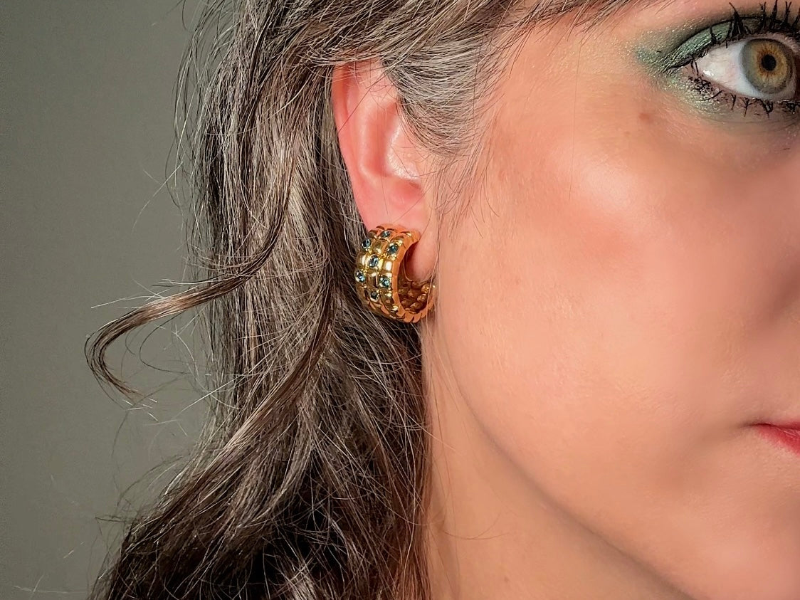 Gold Huggie Hoop Earrings with Blue Rhinestones, 1980s Vintage Textured Half Hoop Earrings 