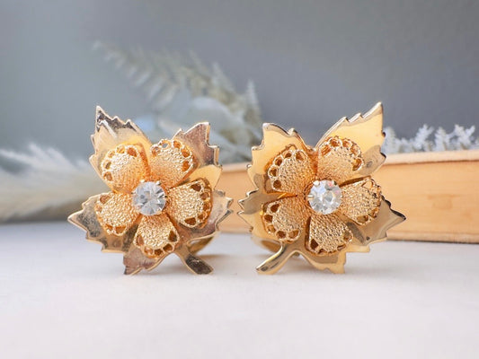 Gold Leaf Earrings, 60s Vintage Maple Leaves Clip On Earrings with Rhinestone Center and Lace Detail