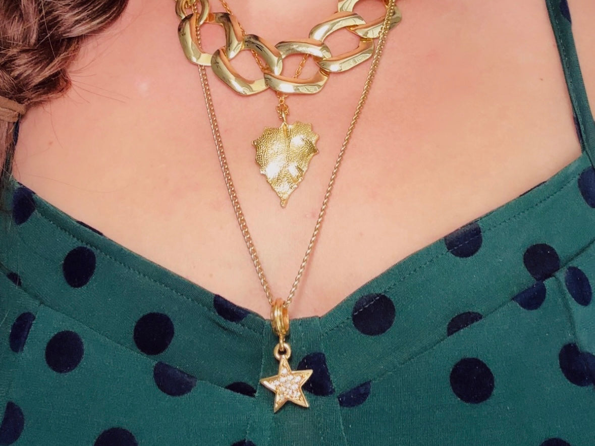 Gold Leaf Necklace, Vintage Gold Leaf Pendant Necklace, Gold Chain Layering Necklace