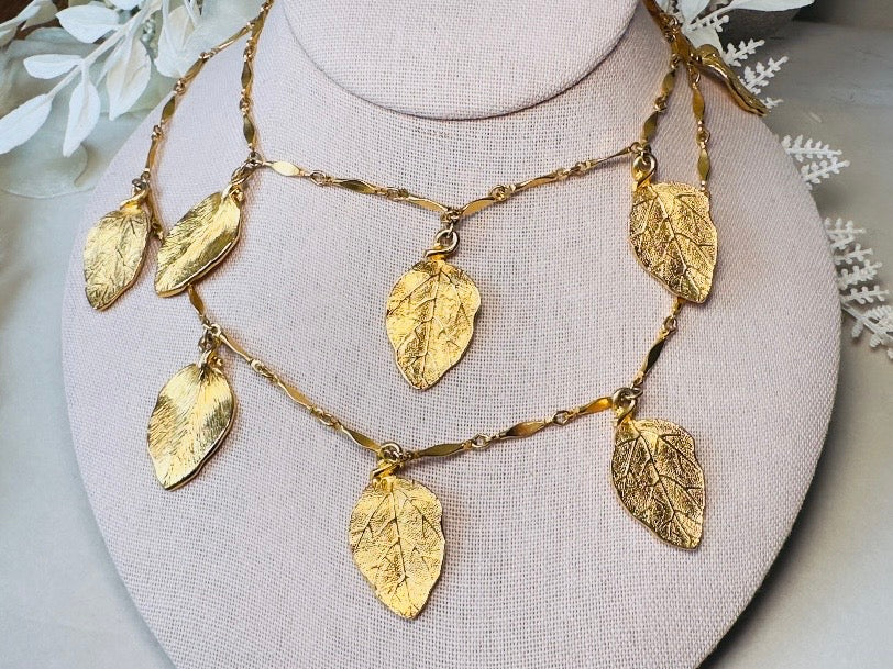 Gold Leaf Necklace, Vintage Long Chain Necklace with Leaves, Gold Charm Necklace