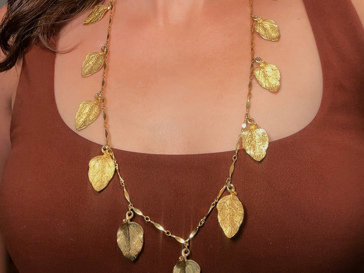 Gold Leaf Necklace, Vintage Long Chain Necklace with Leaves, Gold Charm Necklace