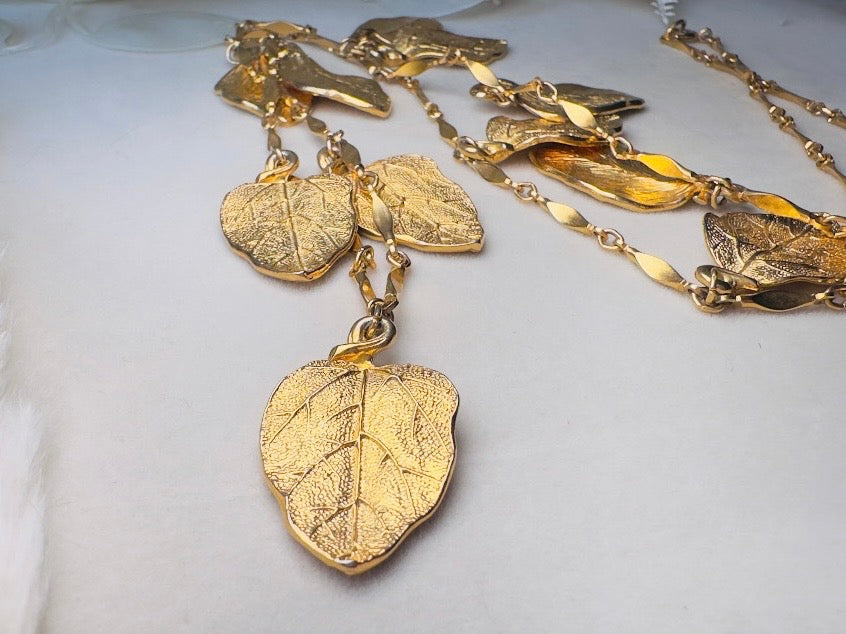 Gold Leaf Necklace, Vintage Long Chain Necklace with Leaves, Gold Charm Necklace