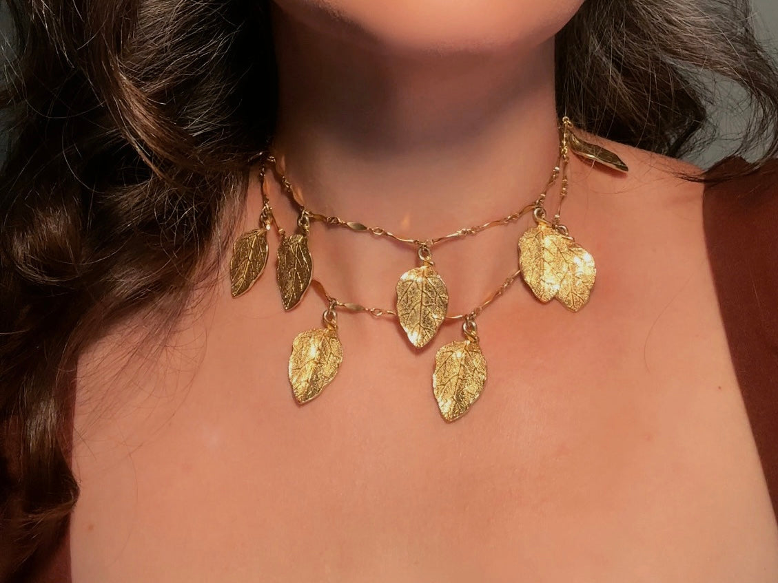 Gold Leaf Necklace, Vintage Long Chain Necklace with Leaves, Gold Charm Necklace