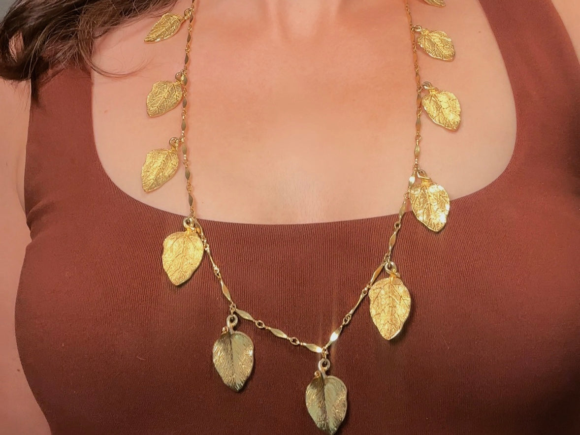 Gold Leaf Necklace, Vintage Long Chain Necklace with Leaves, Gold Charm Necklace