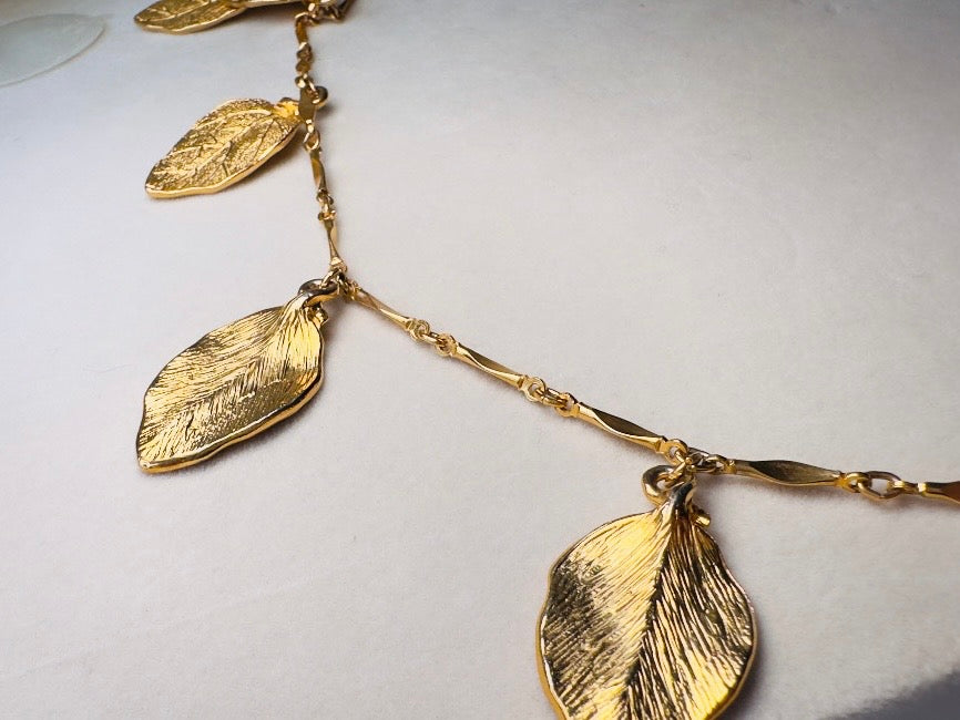 Gold Leaf Necklace, Vintage Long Chain Necklace with Leaves, Gold Charm Necklace