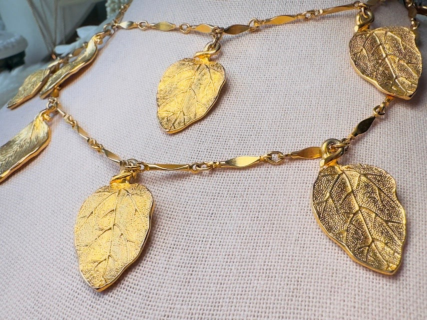 Gold Leaf Necklace, Vintage Long Chain Necklace with Leaves, Gold Charm Necklace