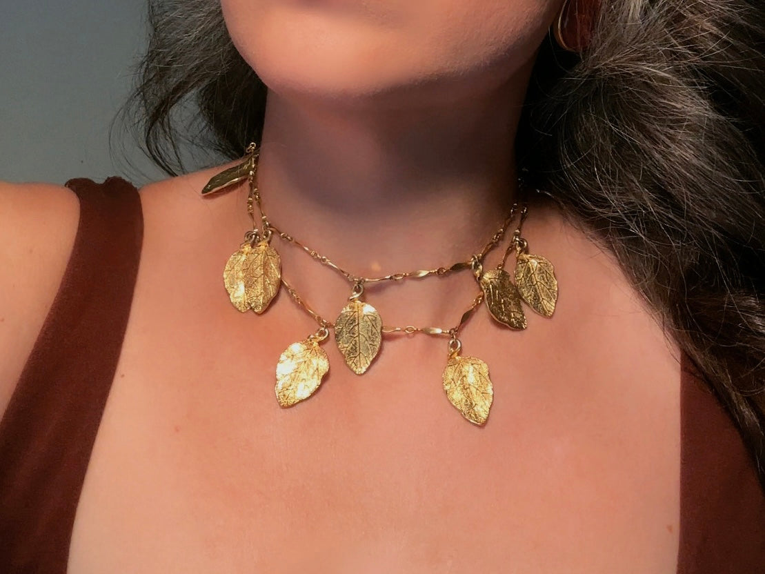 Gold Leaf Necklace, Vintage Long Chain Necklace with Leaves, Gold Charm Necklace