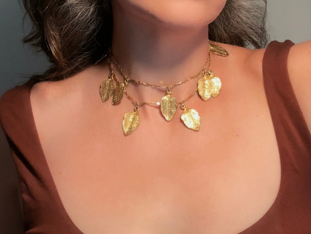 Gold Leaf Necklace, Vintage Long Chain Necklace with Leaves, Gold Charm Necklace