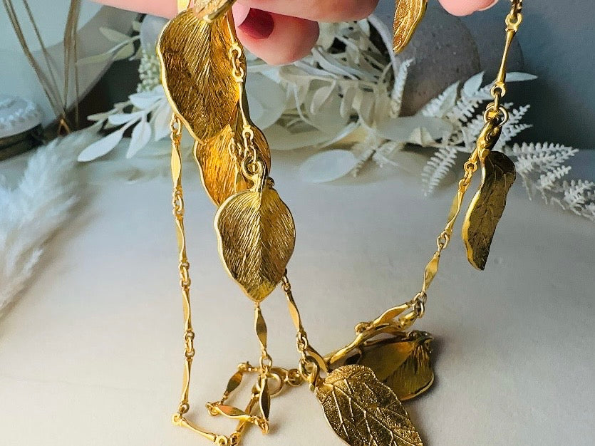 Gold Leaf Necklace, Vintage Long Chain Necklace with Leaves, Gold Charm Necklace