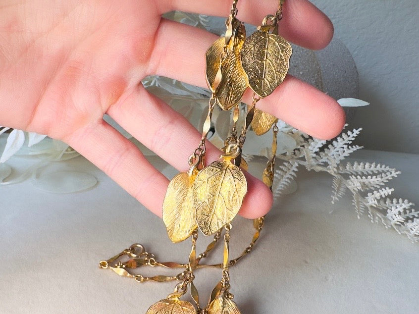Gold Leaf Necklace, Vintage Long Chain Necklace with Leaves, Gold Charm Necklace