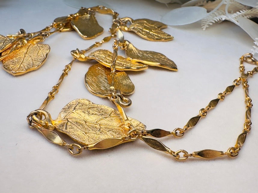 Gold Leaf Necklace, Vintage Long Chain Necklace with Leaves, Gold Charm Necklace