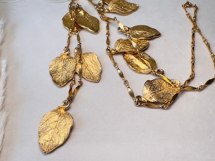 Gold Leaf Necklace, Vintage Long Chain Necklace with Leaves, Gold Charm Necklace