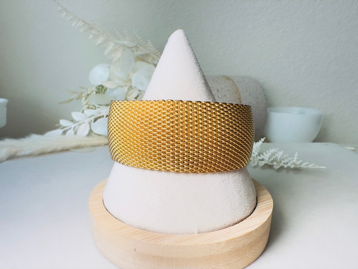 Gold Mesh Bracelet, Vintage Woven Gold Cuff, 80s Wide Band Bracelet for Stacking