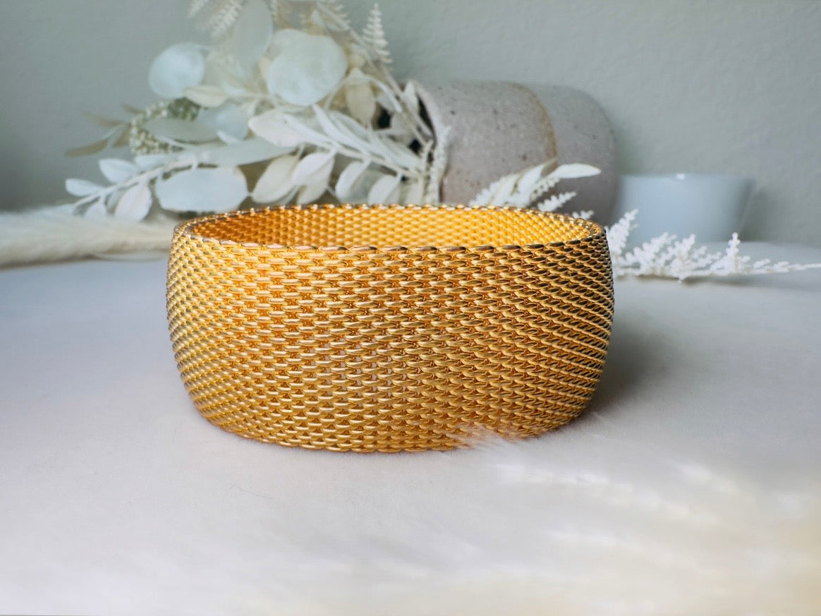 Gold Mesh Bracelet, Vintage Woven Gold Cuff, 80s Wide Band Bracelet for Stacking