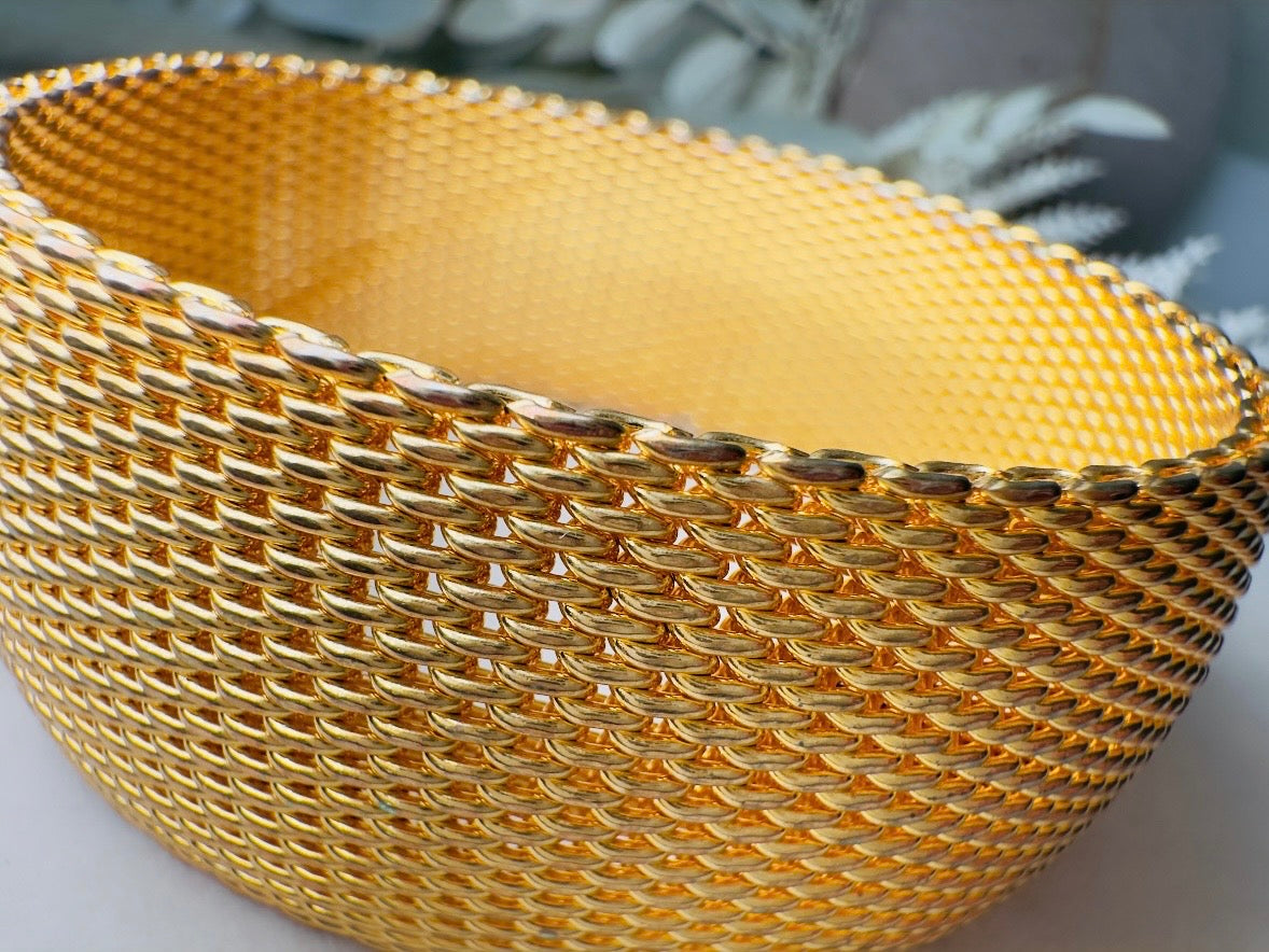 Gold Mesh Bracelet, Vintage Woven Gold Cuff, 80s Wide Band Bracelet for Stacking