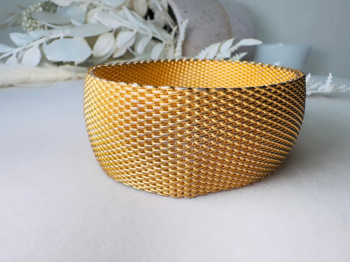 Gold Mesh Bracelet, Vintage Woven Gold Cuff, 80s Wide Band Bracelet for Stacking