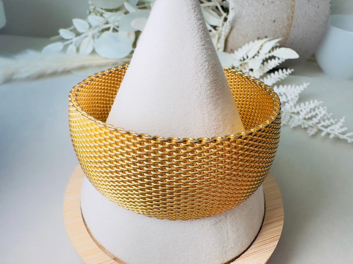 Gold Mesh Bracelet, Vintage Woven Gold Cuff, 80s Wide Band Bracelet for Stacking