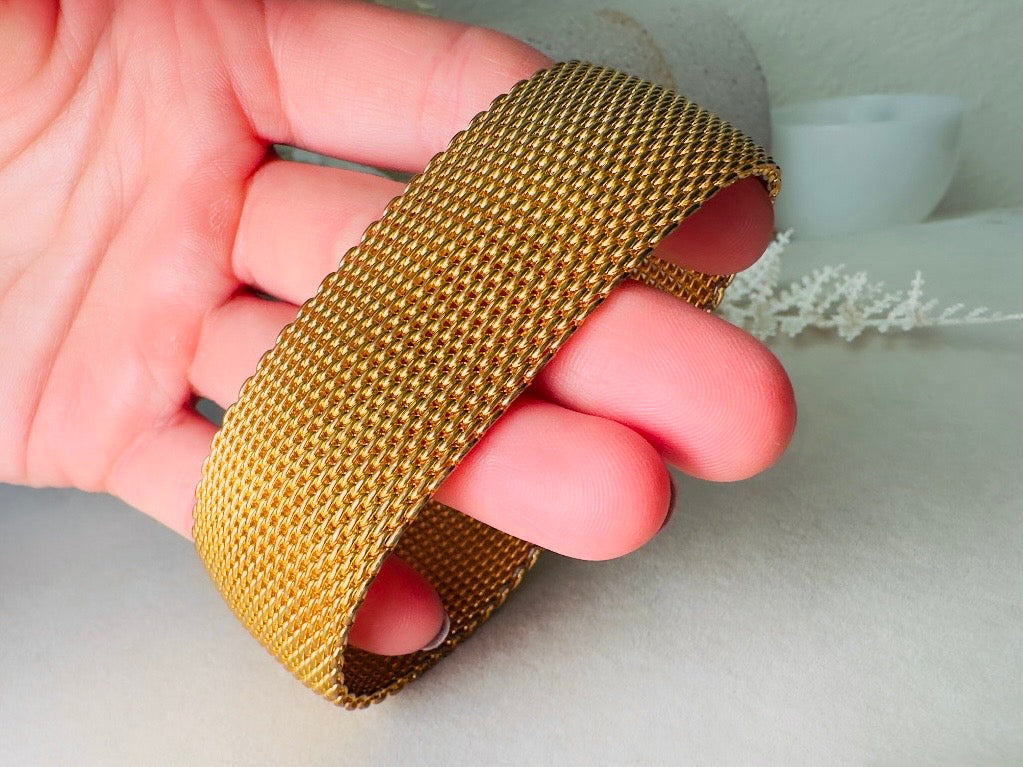 Gold Mesh Bracelet, Vintage Woven Gold Cuff, 80s Wide Band Bracelet for Stacking