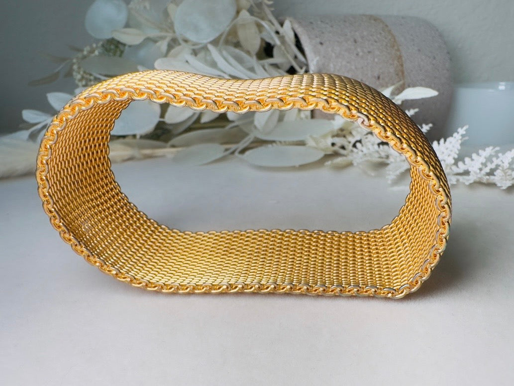 Gold Mesh Bracelet, Vintage Woven Gold Cuff, 80s Wide Band Bracelet for Stacking