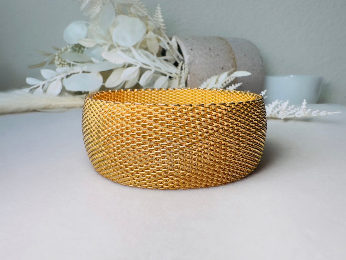 Gold Mesh Bracelet, Vintage Woven Gold Cuff, 80s Wide Band Bracelet for Stacking