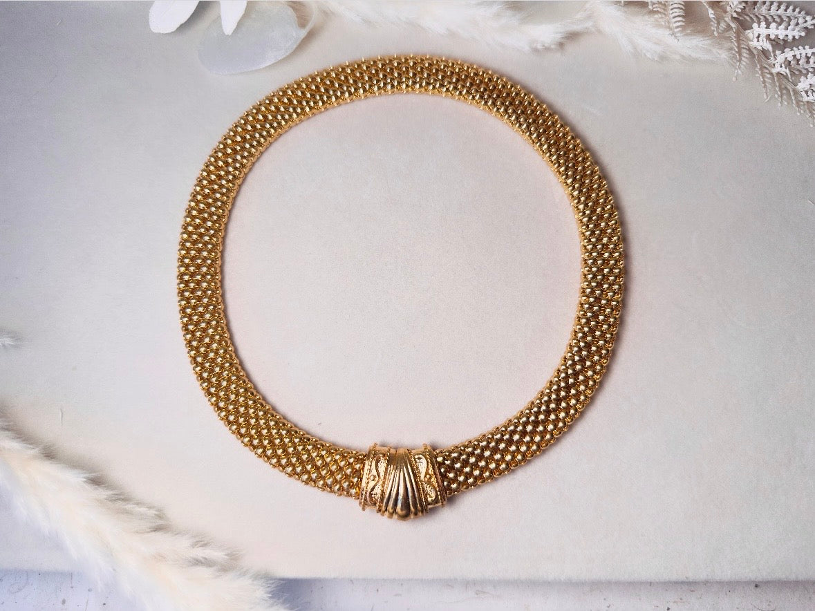 Gold Mesh Choker Necklace, 80s Vintage Woven Chain Collar Mogul Necklace, Magnetic Closure