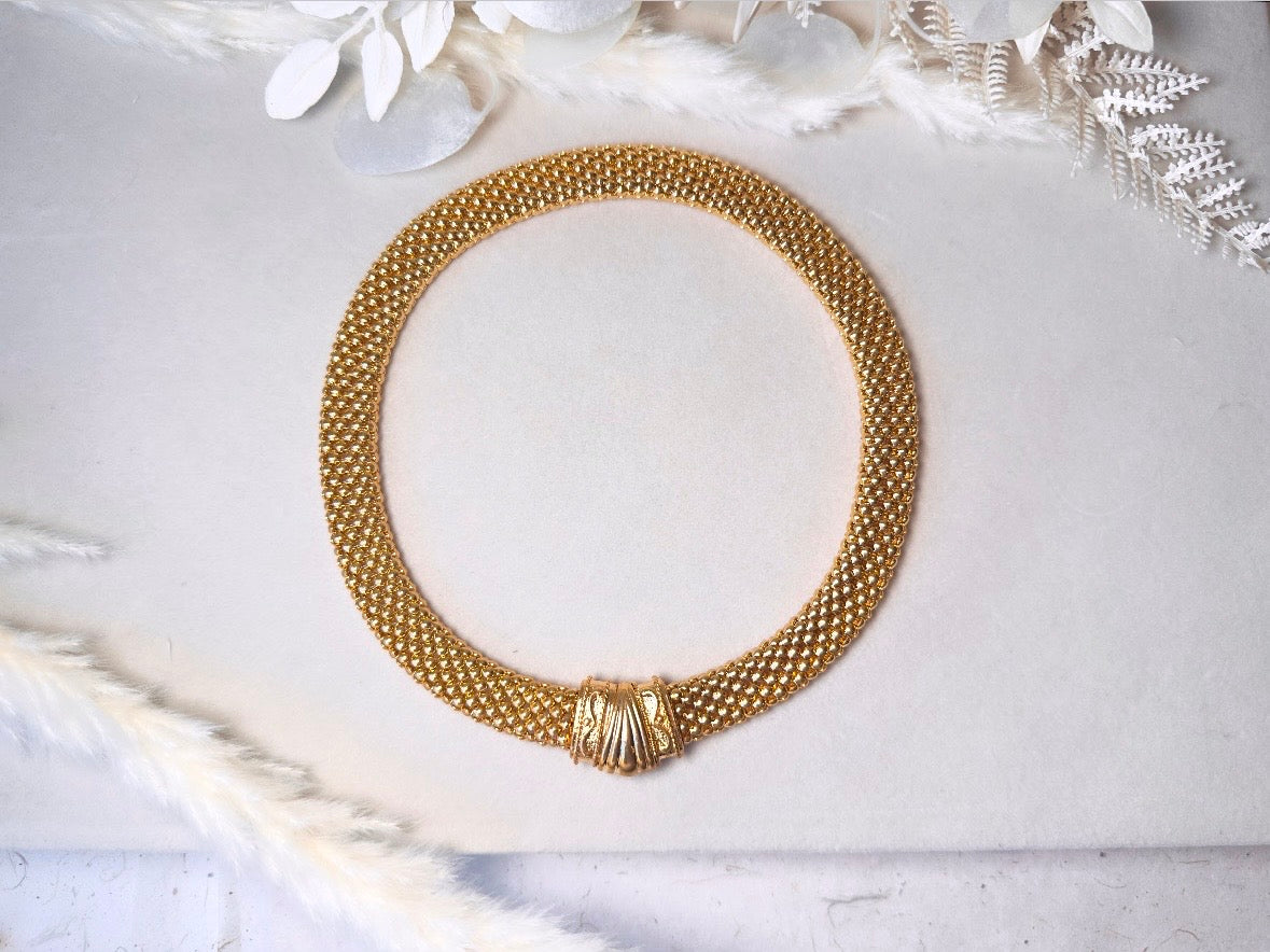Gold Mesh Choker Necklace, 80s Vintage Woven Chain Collar Mogul Necklace, Magnetic Closure